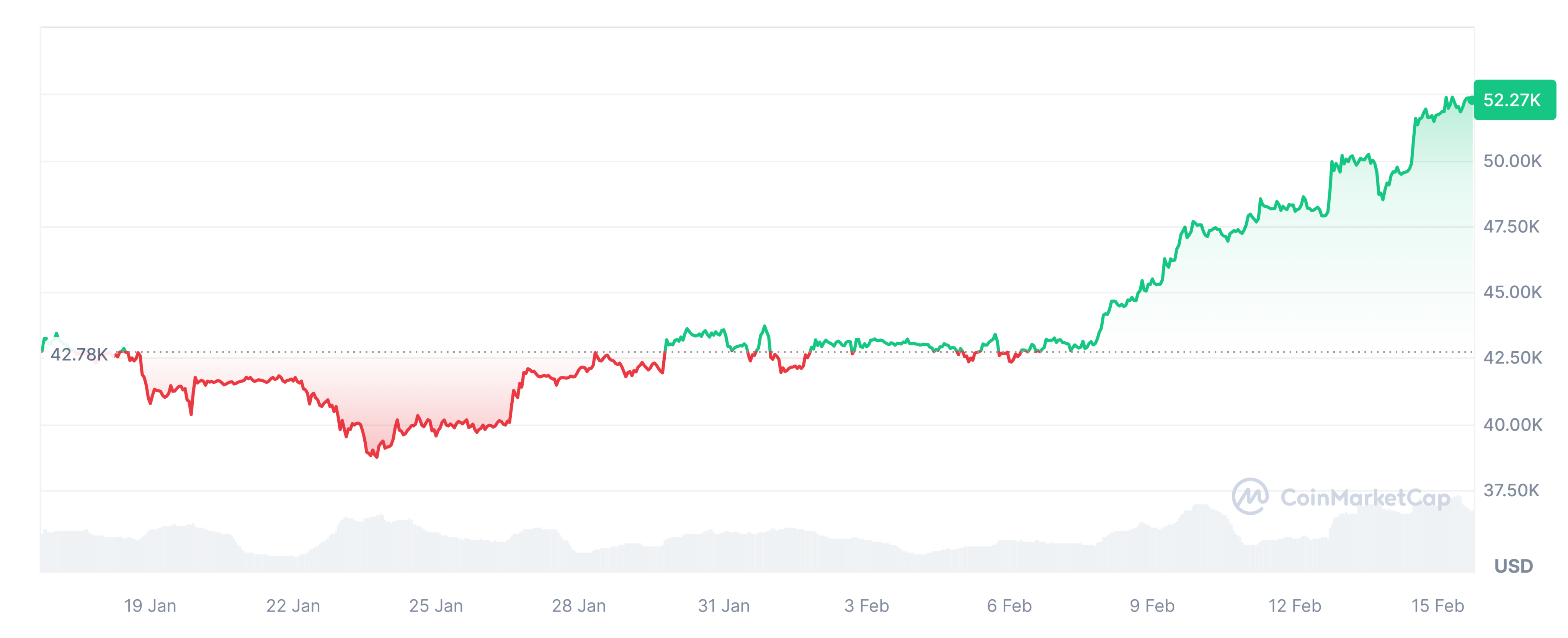 Рис. 1 - Курс BTC/USD с 15.01.24 по 15.02.24 (источник: coinmarketcap.com)